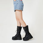 Platform Boots for Women Mid Calf Rave Goth Boot – close-up upper detail