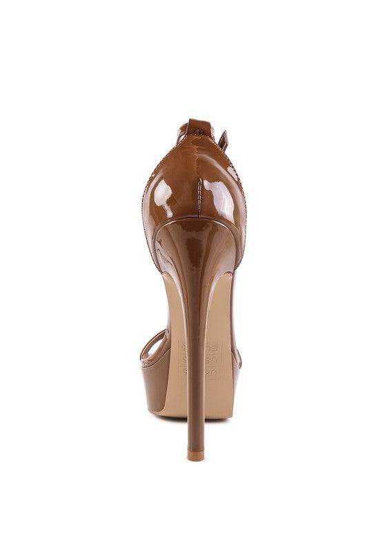 Brown patent leather platform heels for summer with high stiletto heels and open back design