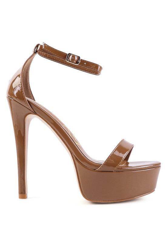 Stylish brown patent leather platform heels for summer with ankle strap and high stiletto heel