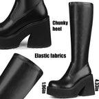 Platform Knee High Boots Elastic Wedge Chunky Heel Tall Boots – back view