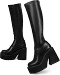 Platform Knee High Boots Elastic Wedge Chunky Heel Tall Boots – opposite side view