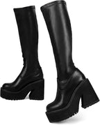 Platform Knee High Boots Elastic Wedge Chunky Heel Tall Boots – toe close-up