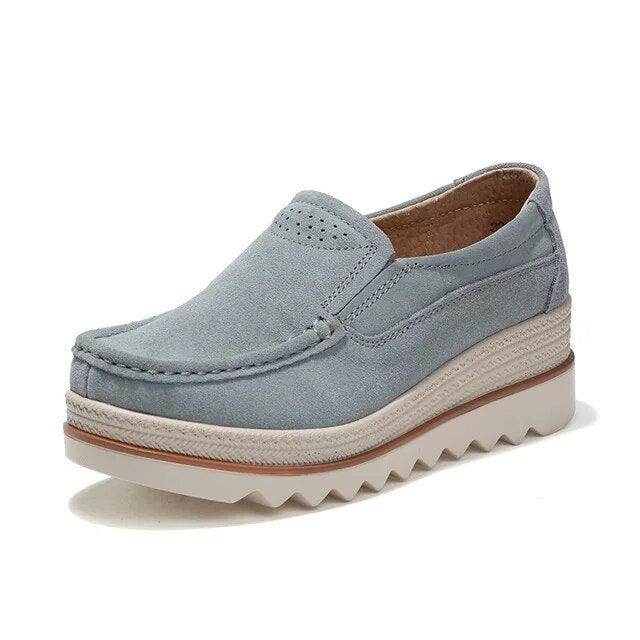 VacationGrabs women's flats with a blue design, perfect platform slip-ons for travel