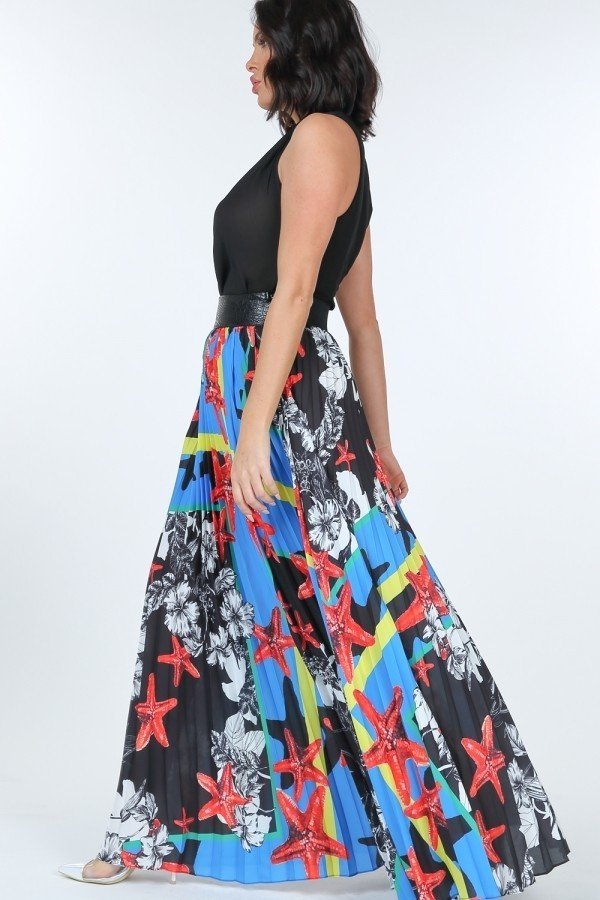 VacationGrabs pleated print maxi skirt with vibrant red starfish and floral patterns on a flowing fabric