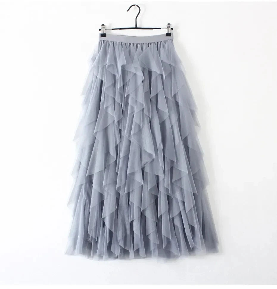 Light gray pleated skirt skirt, layered tulle for elegant occasions