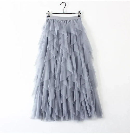 Light gray pleated skirt skirt, layered tulle for elegant occasions