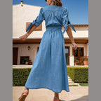 Plunge Button Up Half Sleeve Denim Dress - VacationGrabs