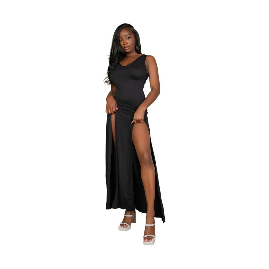Capella women's black plunge neck thigh split dress with sleeveless design and floor-length hem