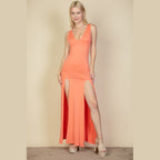 Capella women's plunge neck thigh split dress in coral orange sleeveless maxi style