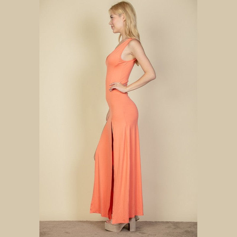 Capella women's plunge neck thigh split dress in coral, sleeveless bodycon maxi style