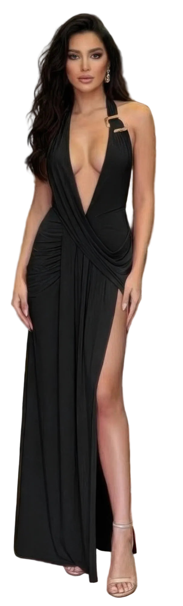 Women's black plunging deep v neckline dress, stylish clubwear for nightouts