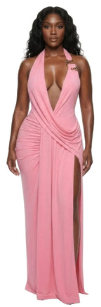 Women's pink plunging deep v neckline dress, perfect for clubwear