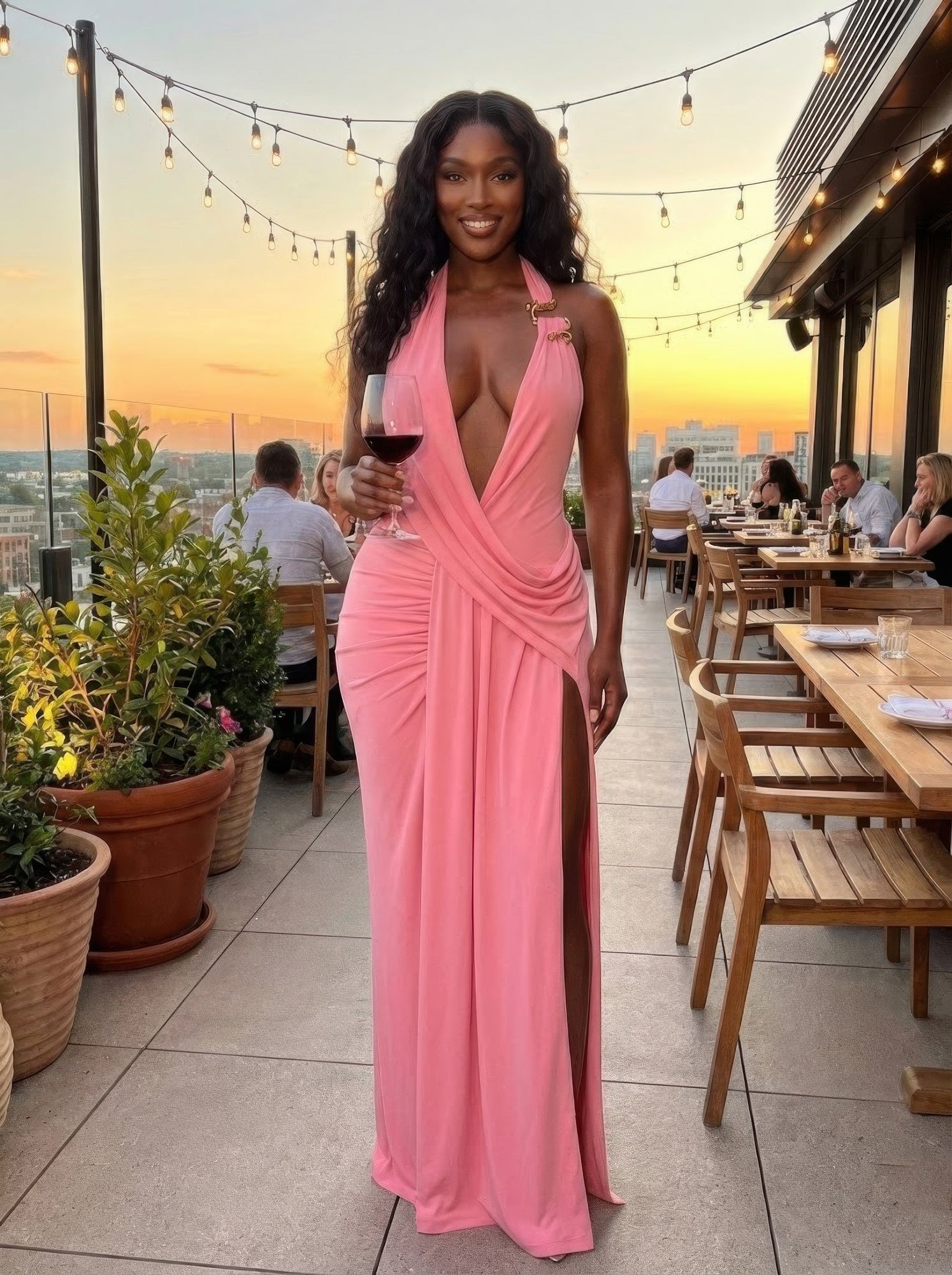 Women's pink plunging deep v neckline dress for evening events