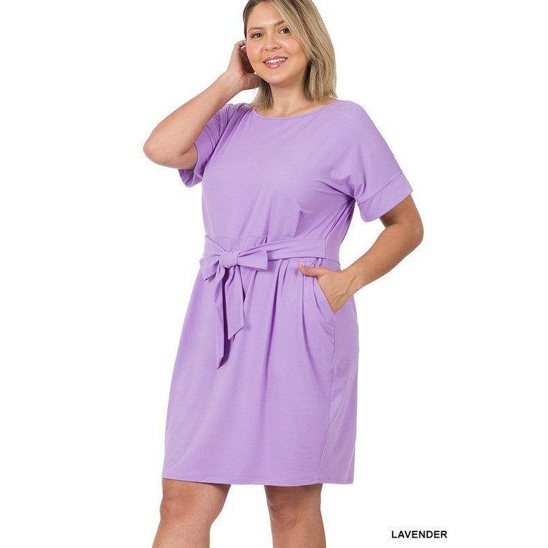 Plus Brushed Tie Belt Dress - VacationGrabs