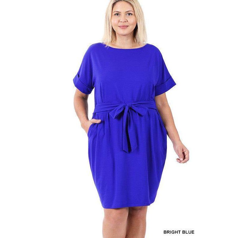 Plus Brushed Tie Belt Dress - VacationGrabs