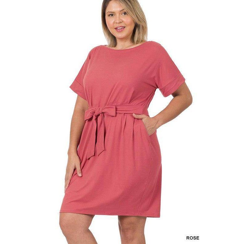 Plus Brushed Tie Belt Dress - VacationGrabs