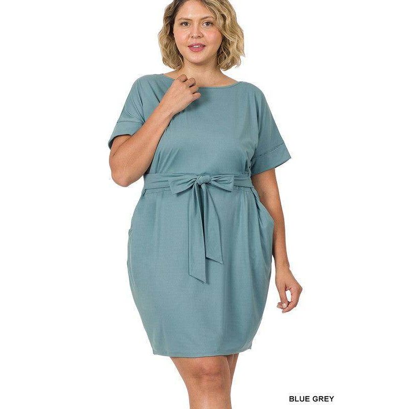 Plus Brushed Tie Belt Dress - VacationGrabs