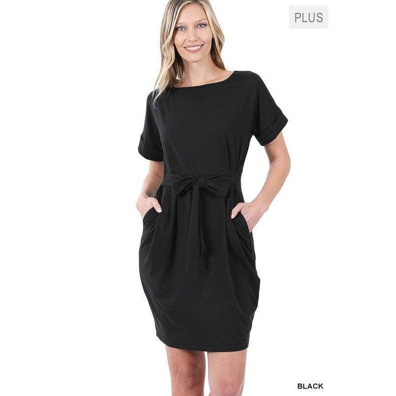 Plus Brushed Tie Belt Dress - VacationGrabs