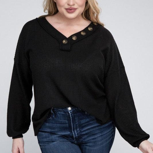 Women's Sweaters Plus Brushed Waffle V-Neck Button Detail Sweater