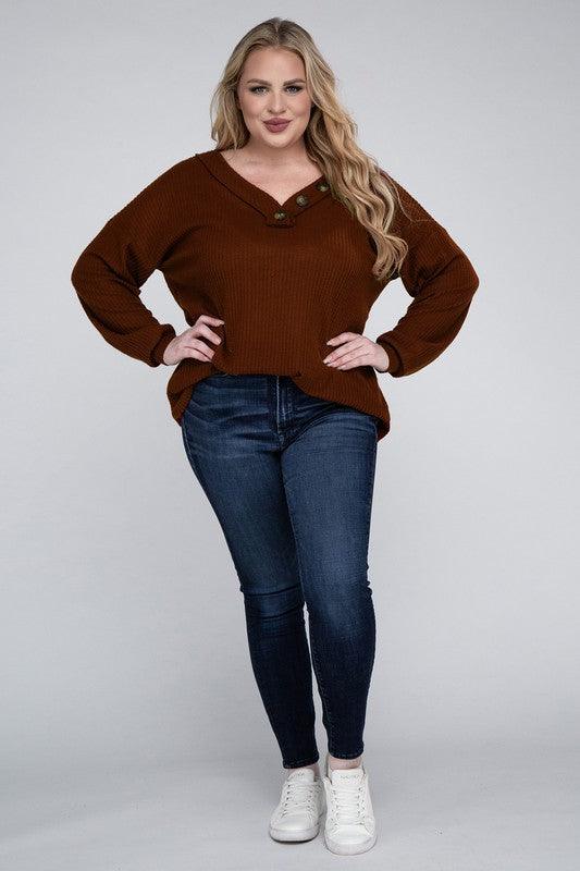 Women's Sweaters Plus Brushed Waffle V-Neck Button Detail Sweater