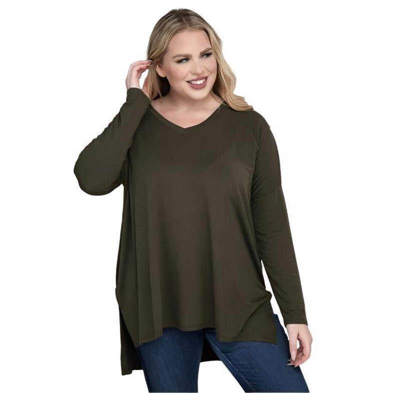 Plus Dolman Sleeve V-Neck Side Slit Hi-Low Hem Top - VacationGrabs