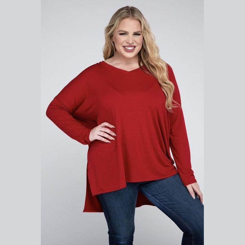 Plus Dolman Sleeve V-Neck Side Slit Hi-Low Hem Top - VacationGrabs