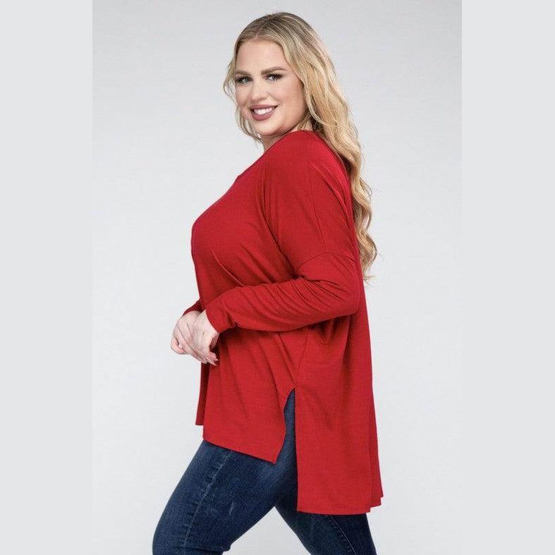 Plus Dolman Sleeve V-Neck Side Slit Hi-Low Hem Top - VacationGrabs