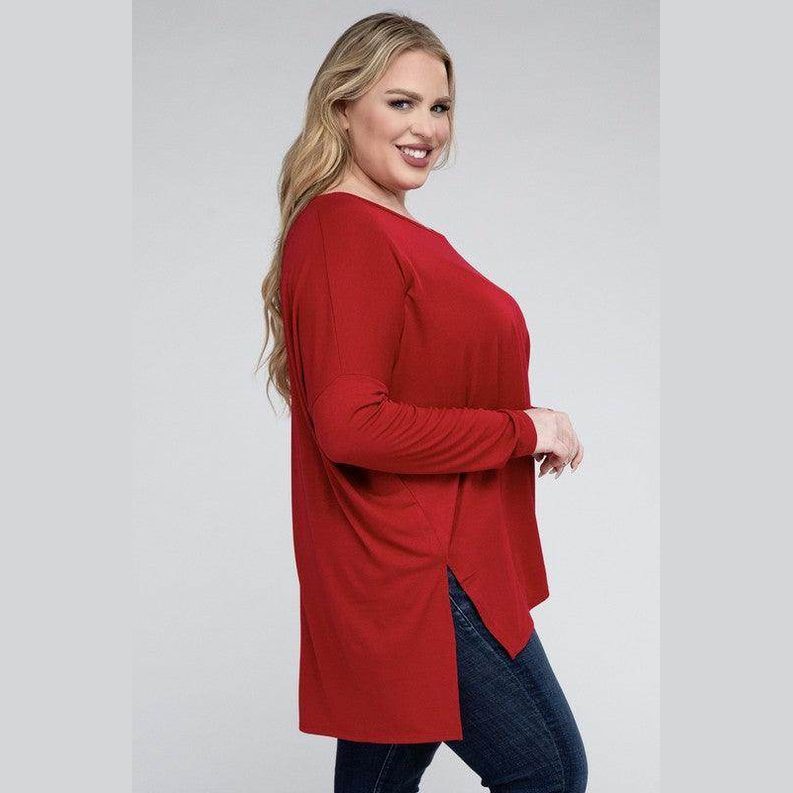 Plus Dolman Sleeve V-Neck Side Slit Hi-Low Hem Top - VacationGrabs