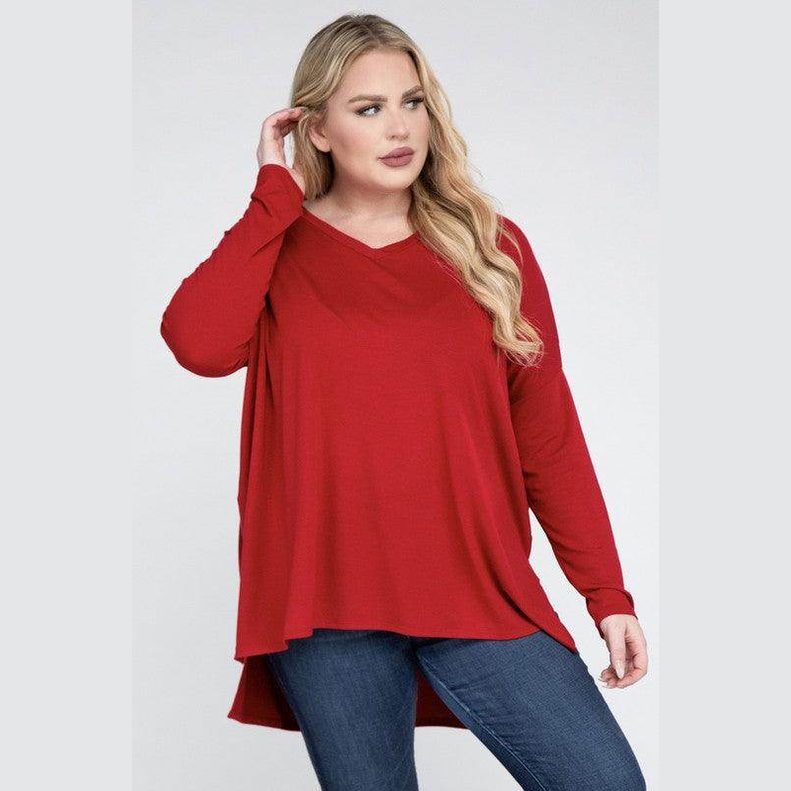 Plus Dolman Sleeve V-Neck Side Slit Hi-Low Hem Top - VacationGrabs