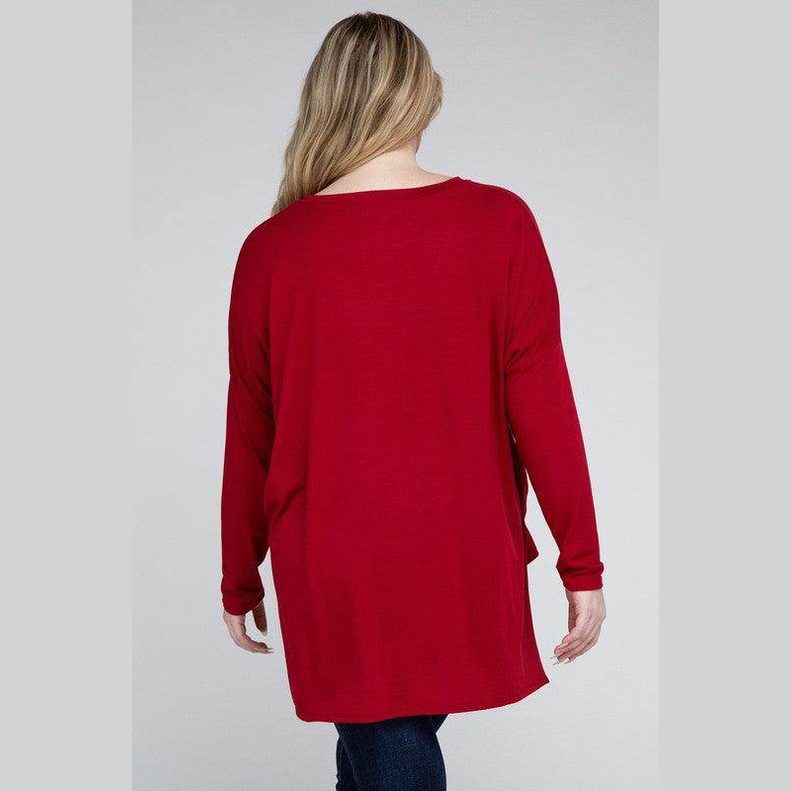 Plus Dolman Sleeve V-Neck Side Slit Hi-Low Hem Top - VacationGrabs