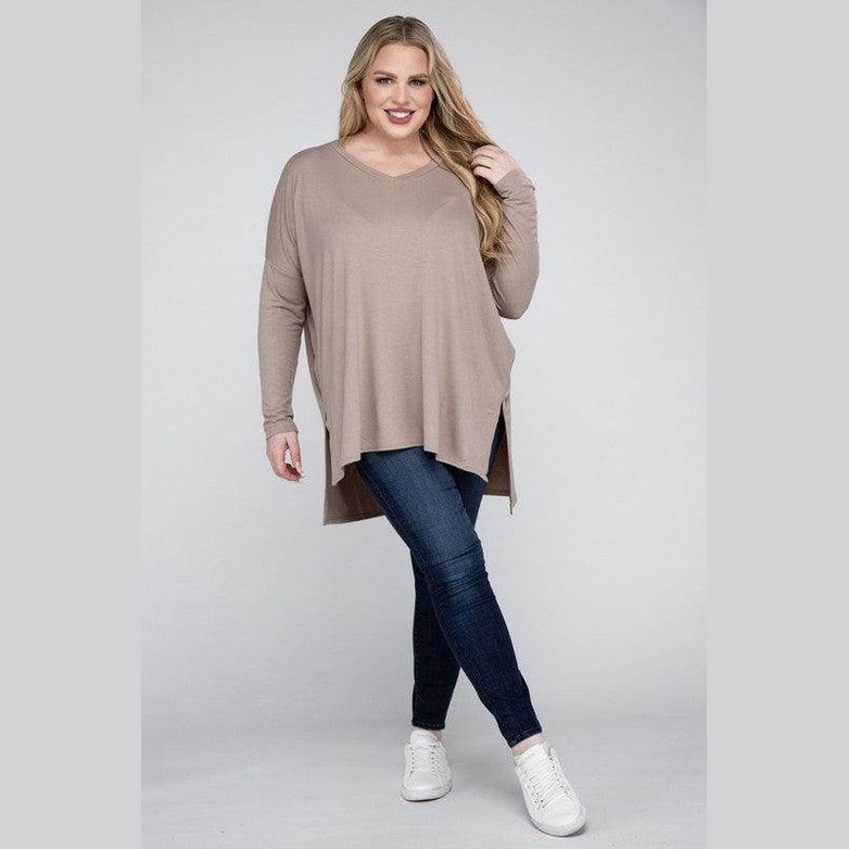 Plus Dolman Sleeve V-Neck Side Slit Hi-Low Hem Top - VacationGrabs