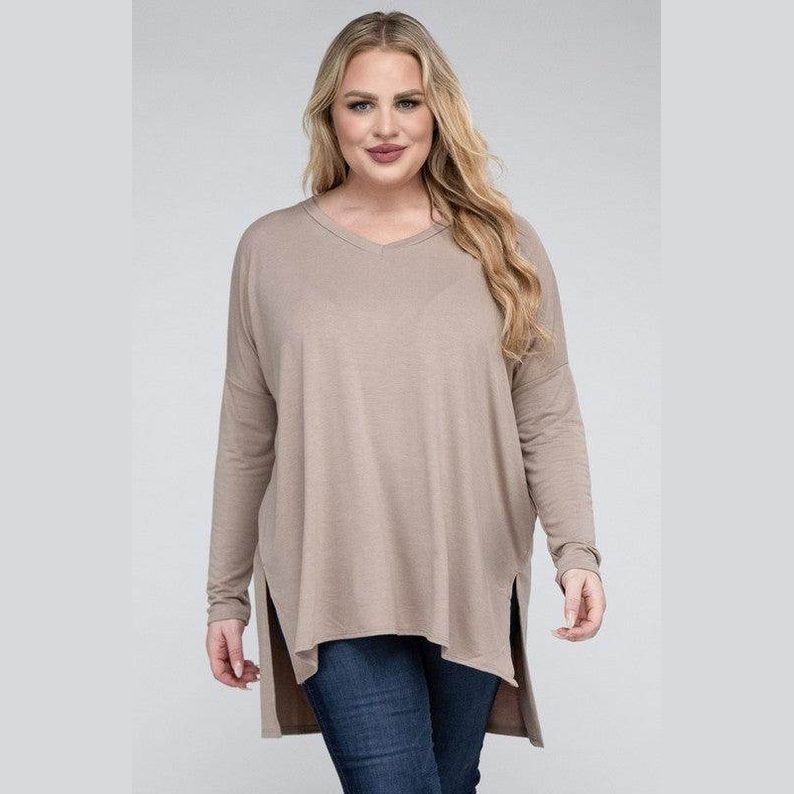 Plus Dolman Sleeve V-Neck Side Slit Hi-Low Hem Top - VacationGrabs