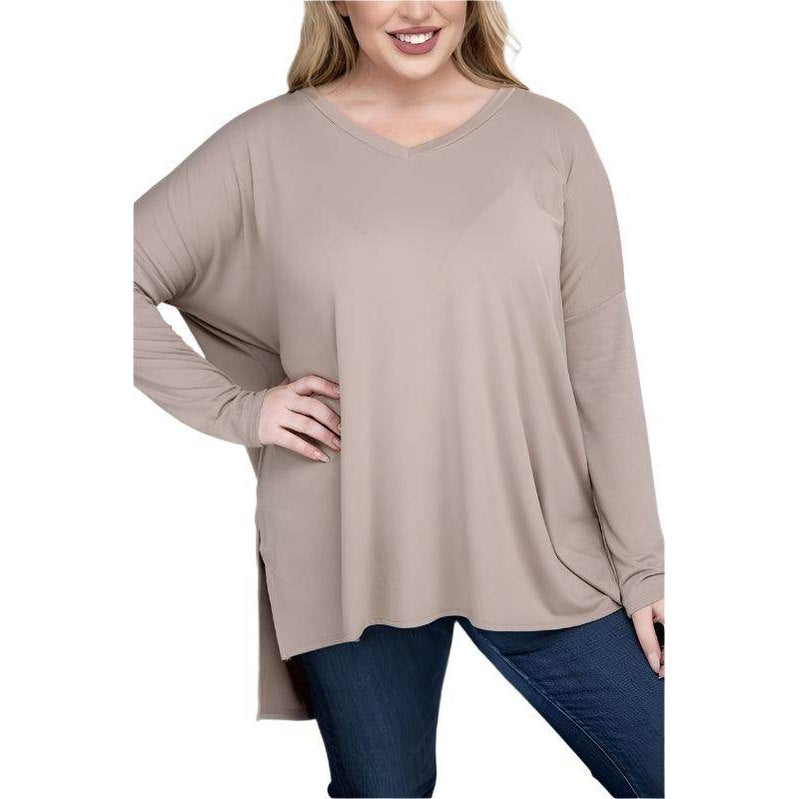 Plus Dolman Sleeve V-Neck Side Slit Hi-Low Hem Top - VacationGrabs