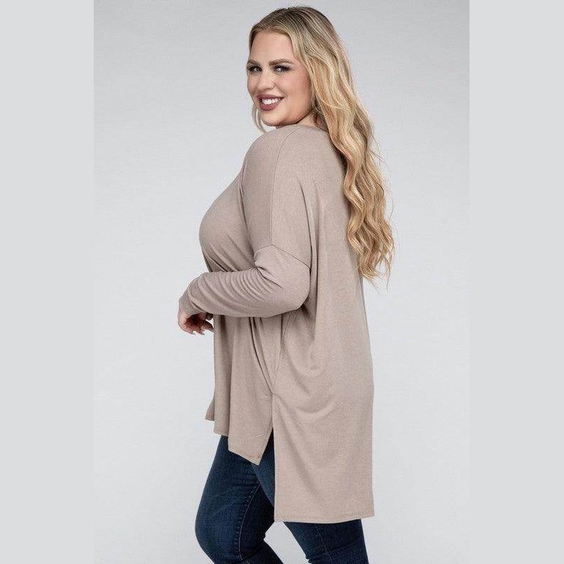 Plus Dolman Sleeve V-Neck Side Slit Hi-Low Hem Top - VacationGrabs