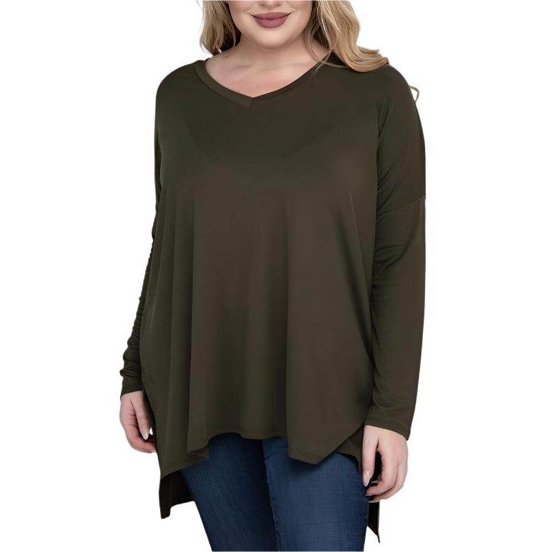 Plus Dolman Sleeve V-Neck Side Slit Hi-Low Hem Top - VacationGrabs
