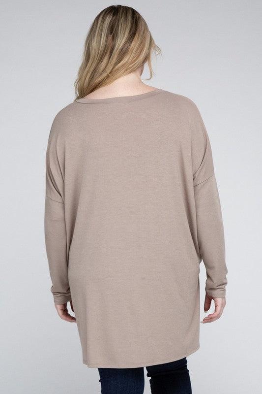 Women's Shirts Plus Dolman Sleeve V-Neck Side Slit Hi-Low Hem Top