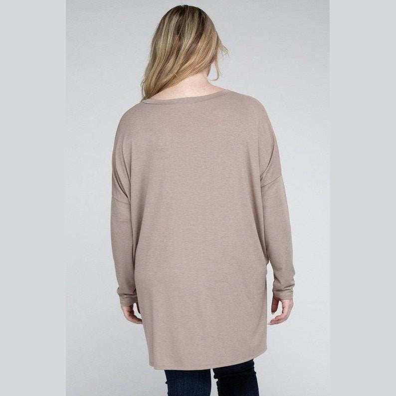 Plus Dolman Sleeve V-Neck Side Slit Hi-Low Hem Top - VacationGrabs