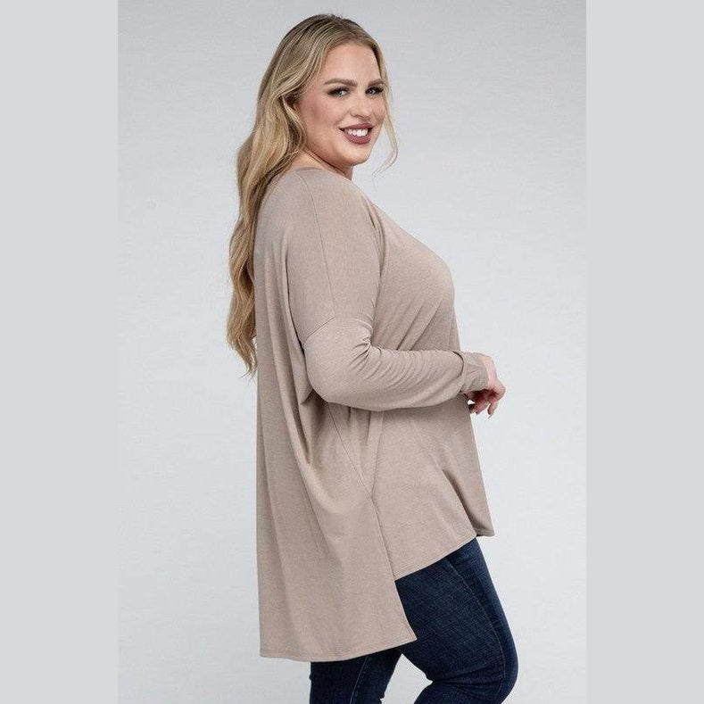 Plus Dolman Sleeve V-Neck Side Slit Hi-Low Hem Top - VacationGrabs