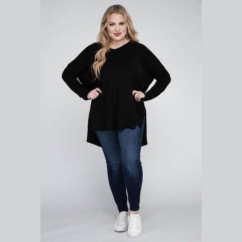 Plus Dolman Sleeve V-Neck Side Slit Hi-Low Hem Top - VacationGrabs