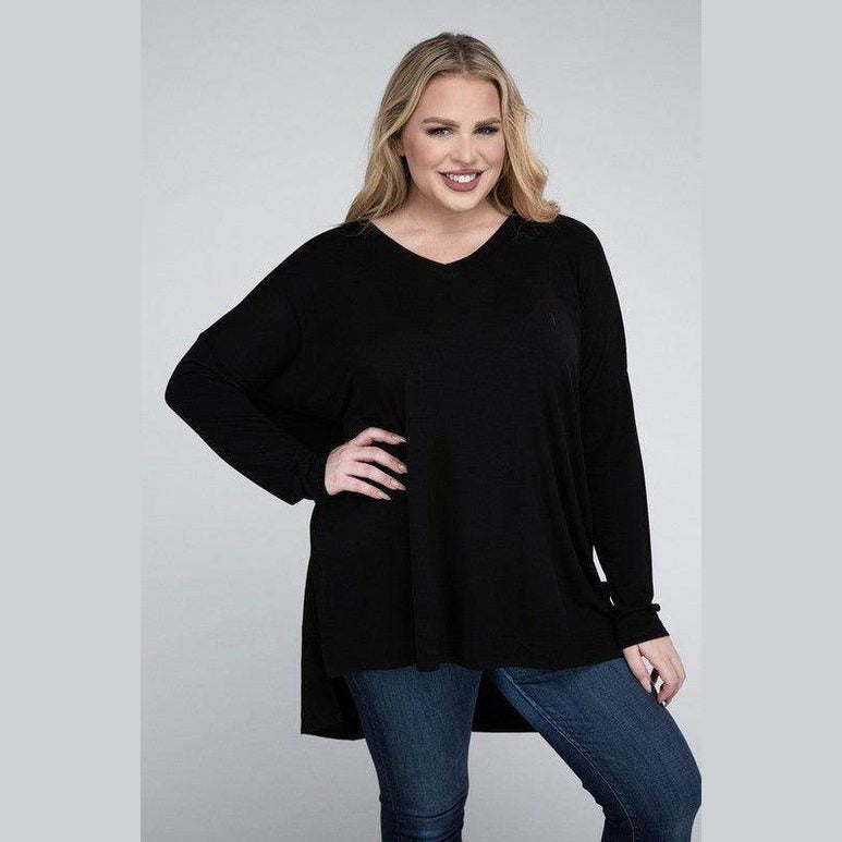 Plus Dolman Sleeve V-Neck Side Slit Hi-Low Hem Top - VacationGrabs