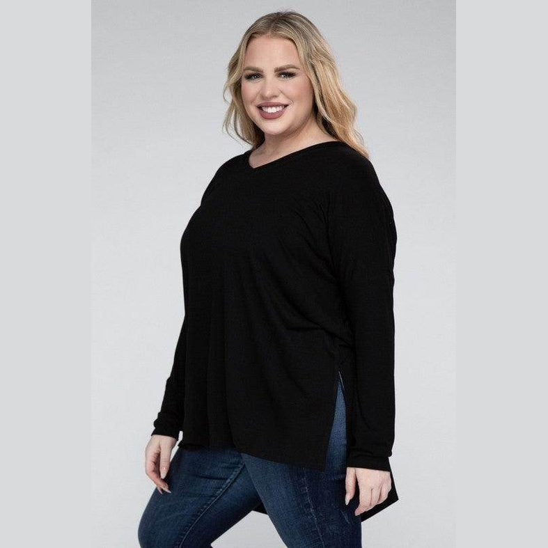 Plus Dolman Sleeve V-Neck Side Slit Hi-Low Hem Top - VacationGrabs
