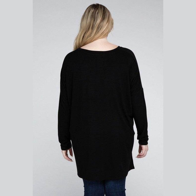 Plus Dolman Sleeve V-Neck Side Slit Hi-Low Hem Top - VacationGrabs