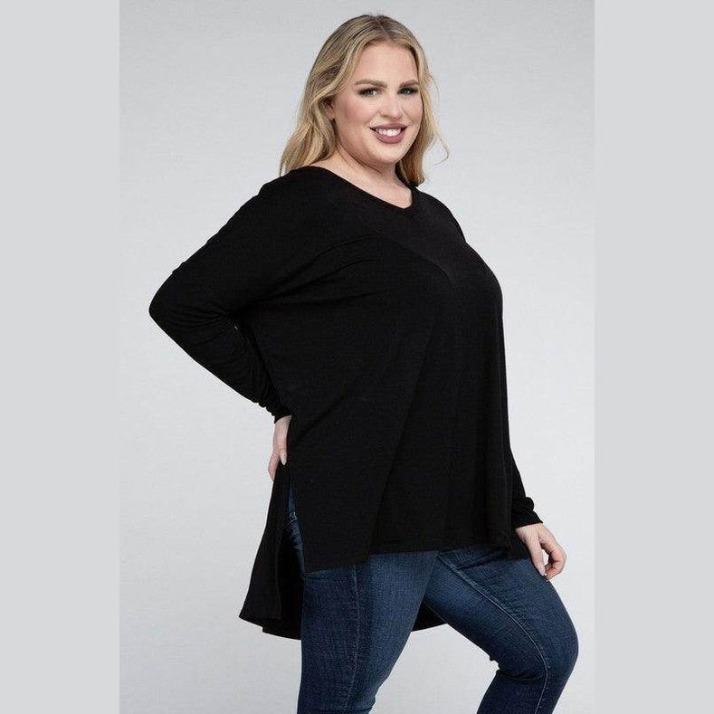 Plus Dolman Sleeve V-Neck Side Slit Hi-Low Hem Top - VacationGrabs