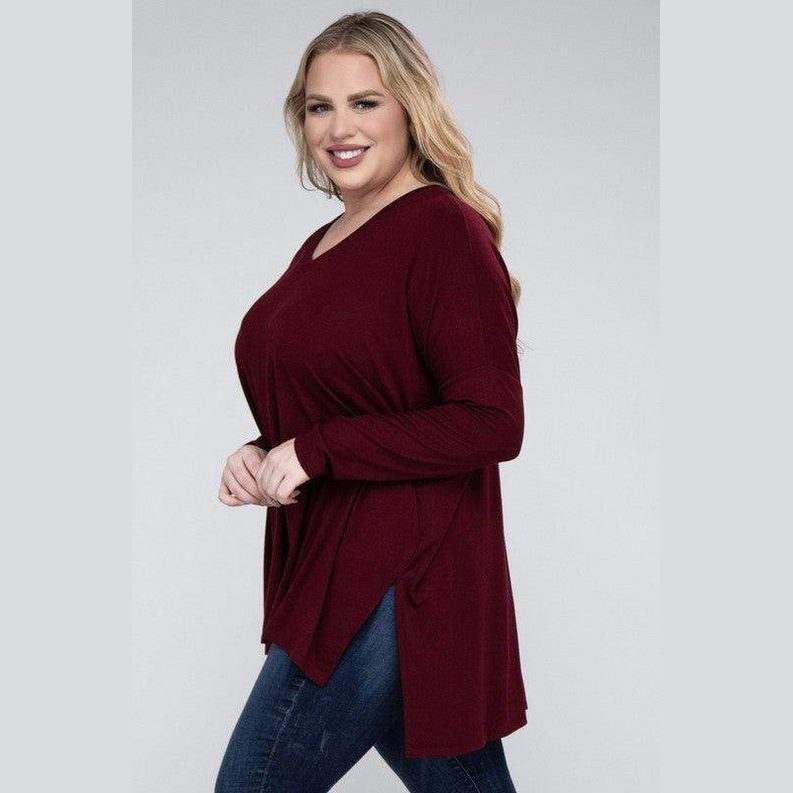 Plus Dolman Sleeve V-Neck Side Slit Hi-Low Hem Top - VacationGrabs