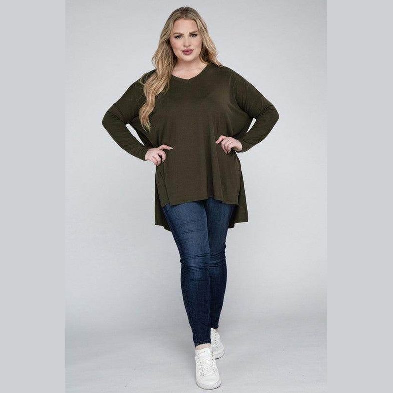 Plus Dolman Sleeve V-Neck Side Slit Hi-Low Hem Top - VacationGrabs
