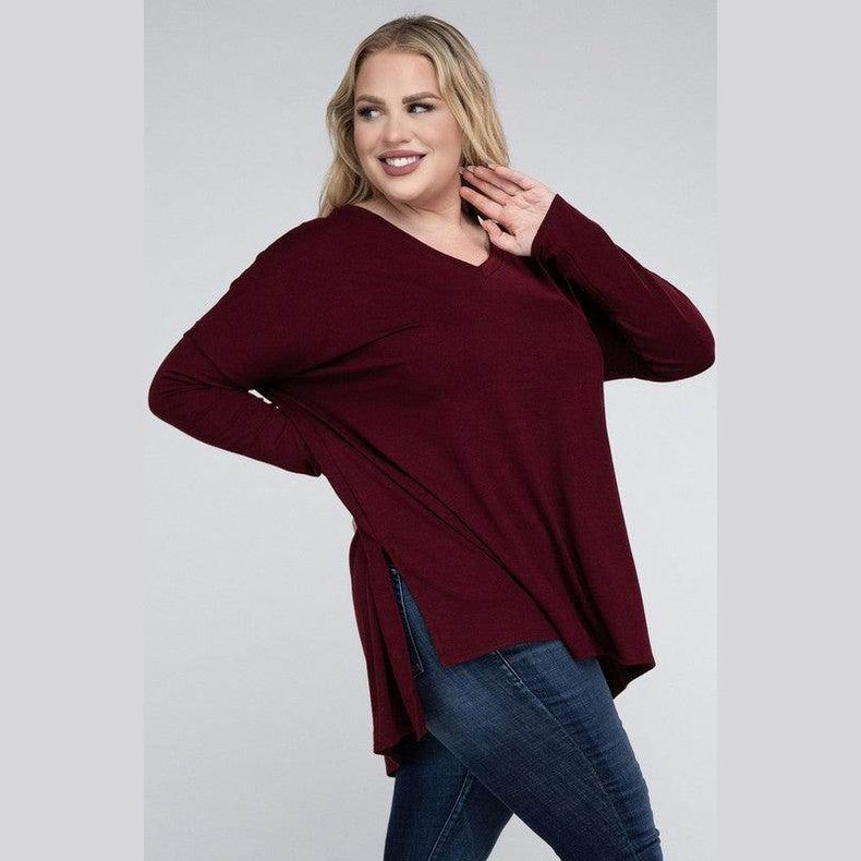 Plus Dolman Sleeve V-Neck Side Slit Hi-Low Hem Top - VacationGrabs