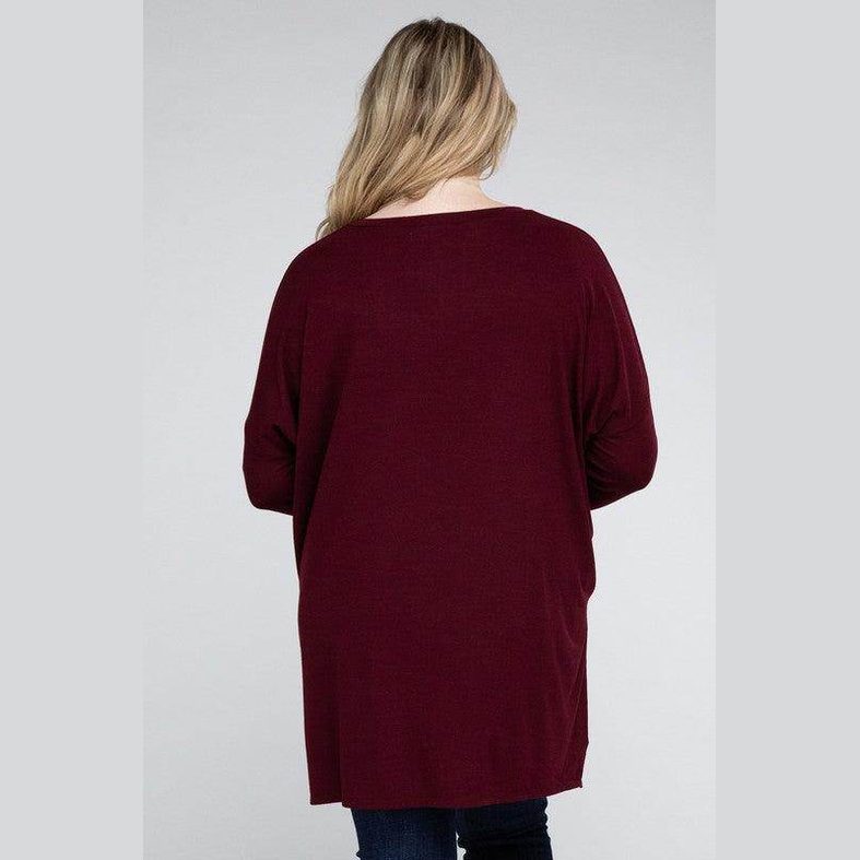 Plus Dolman Sleeve V-Neck Side Slit Hi-Low Hem Top - VacationGrabs