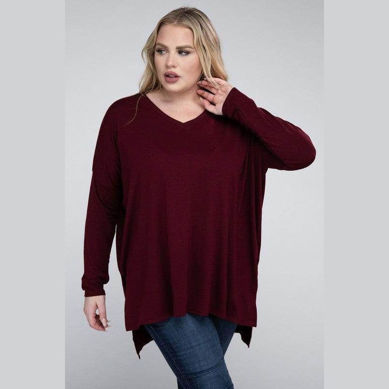 Plus Dolman Sleeve V-Neck Side Slit Hi-Low Hem Top - VacationGrabs