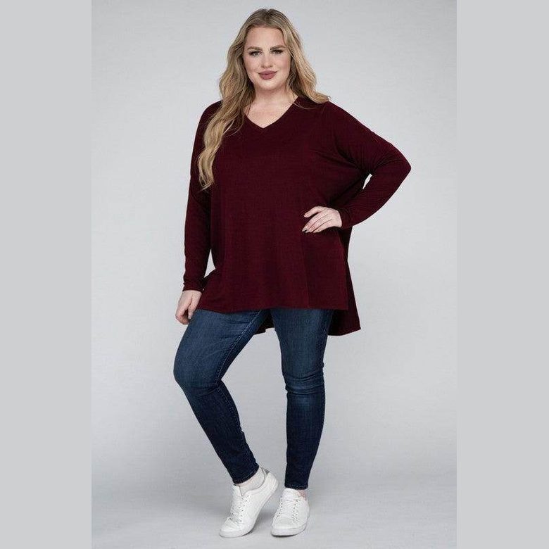 Plus Dolman Sleeve V-Neck Side Slit Hi-Low Hem Top - VacationGrabs