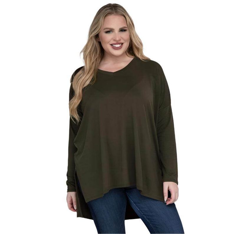 Plus Dolman Sleeve V-Neck Side Slit Hi-Low Hem Top - VacationGrabs